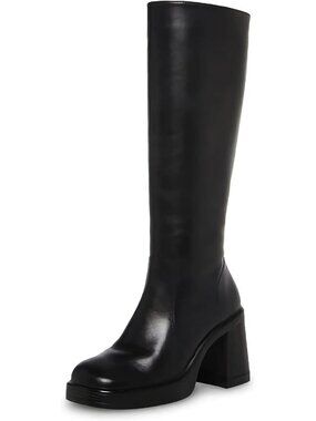 Women's Black Leather Platform Side Zip Square Toe Chunky Block Heeled Boot